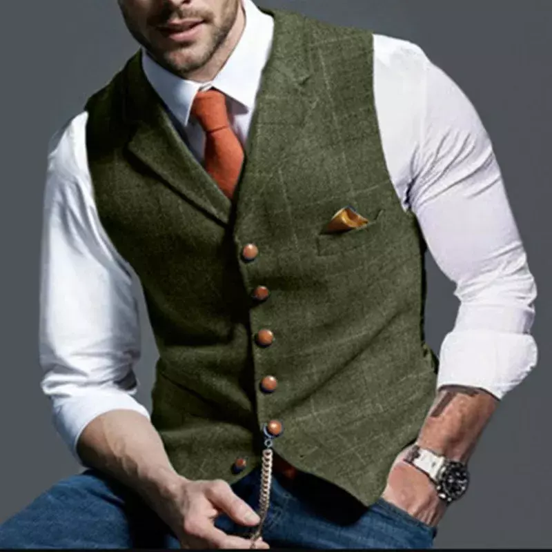 Colete retrô de lapela xadrez masculino, colete de peito único com bolso, roupas formais de negócios, tops casuais da moda