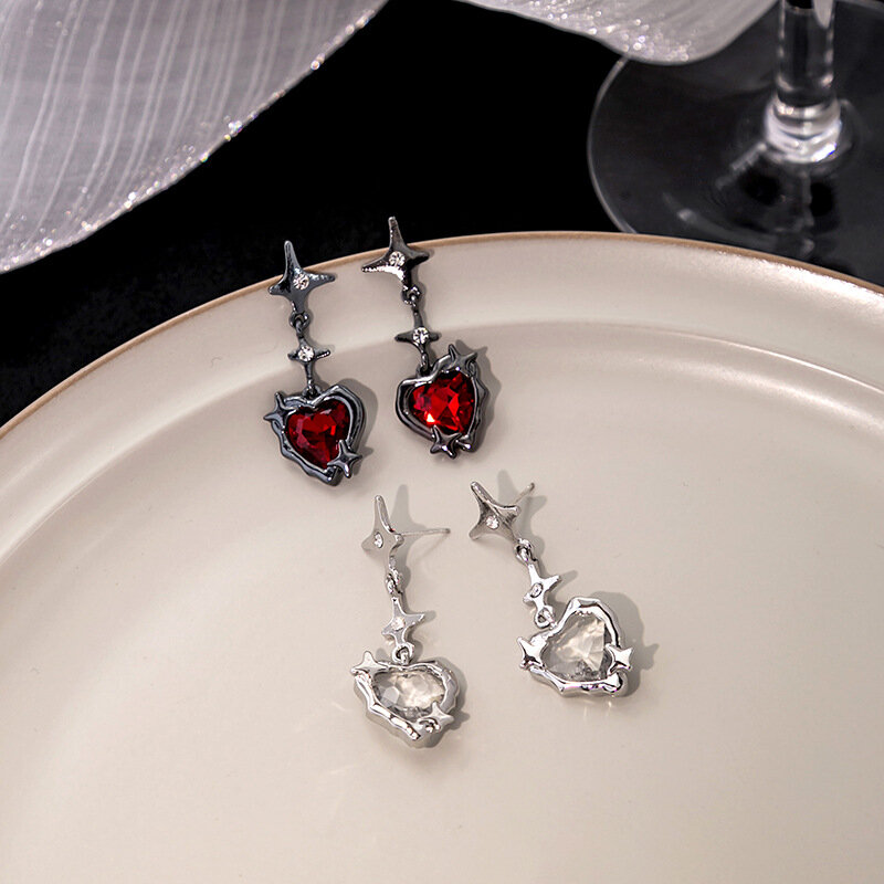 Y2K Goth Liquid Heart Cross Star Pendant Earrings Women Red Zircon Love Dangle Earring Gothic Irregular Tassel Earrings