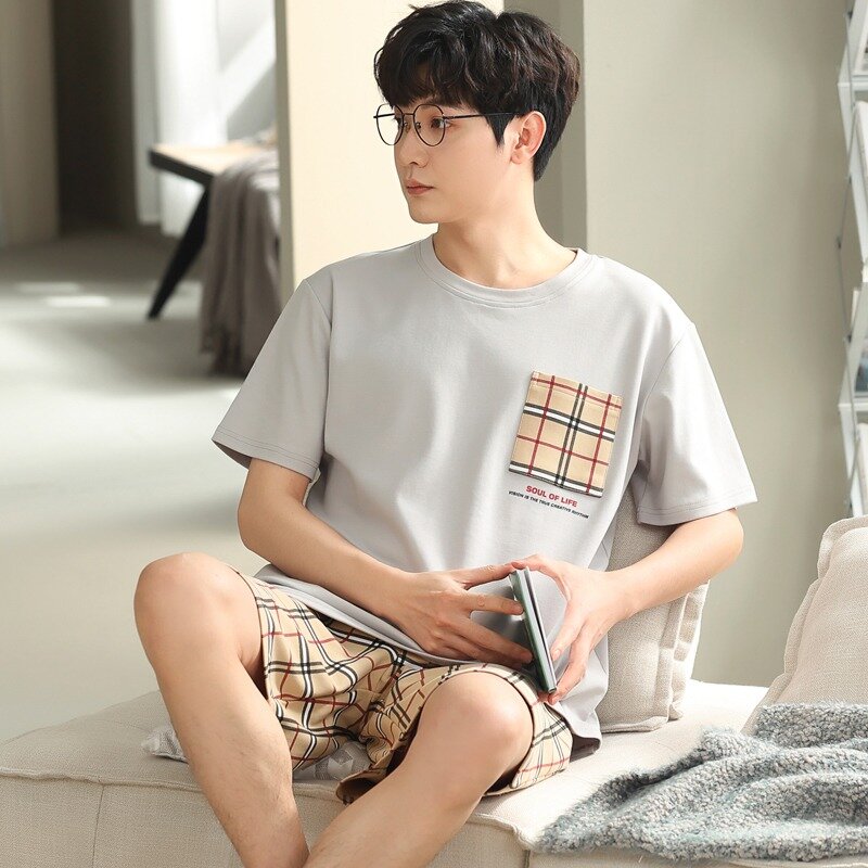 Pijama de algodão coreano masculino, pijama de manga curta, loungewear de verão, tamanho grande L a 3XL, dropship, 2 peças por conjunto