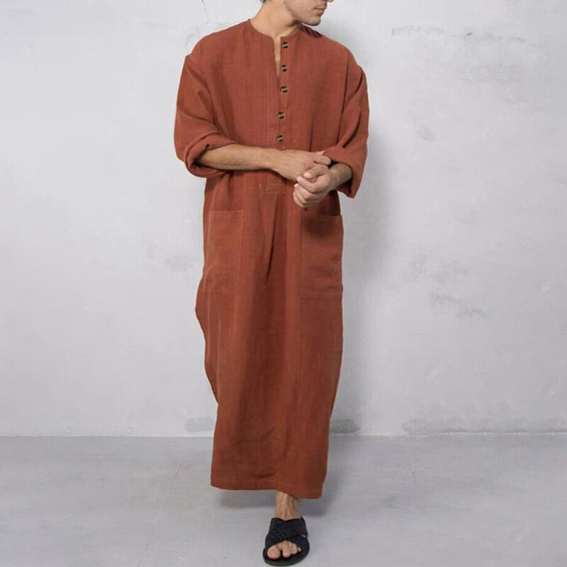 Men's Muslim Robes Middle East Dubai Saudi Arabia Long Sleeve Loose Prayer Robe Dress Muslim Kaftan Jubba Thobe Islamic Clothing