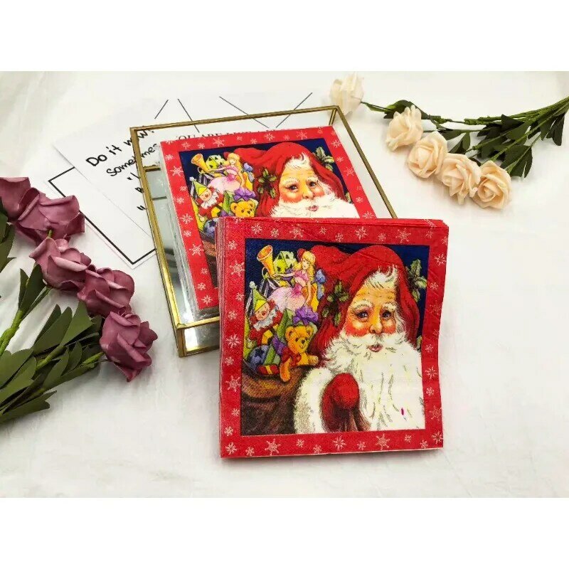 맞춤형 산타 클로스 다채로운 인쇄 냅킨, 크리스마스 축하 파티 종이 냅킨, 입 천 접이식 꽃, 도매