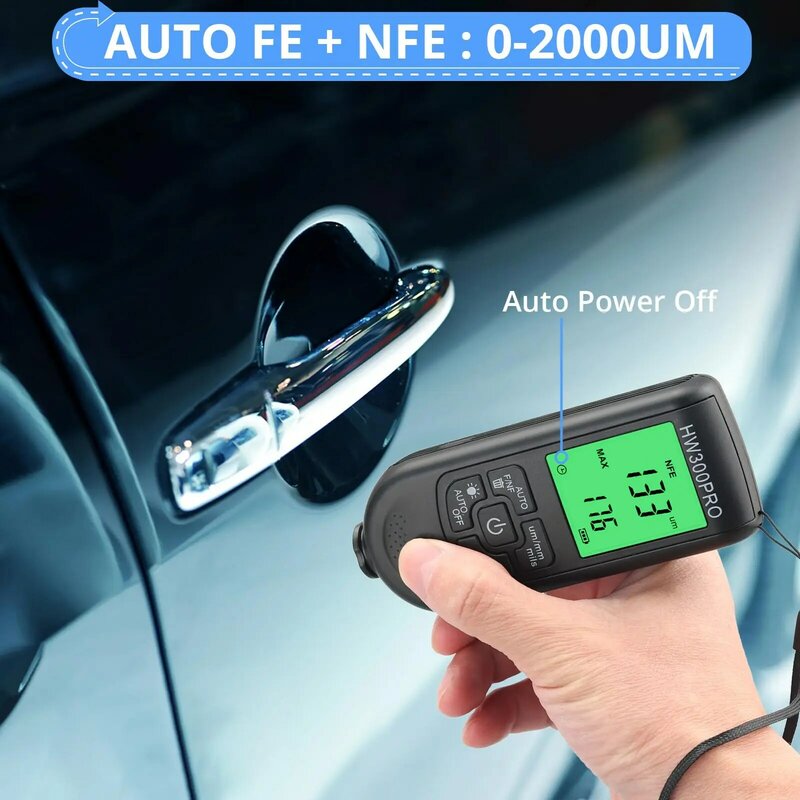 Medidor de espesor de pintura para coche, HW-300 con sonda Fe y NFe, medidor de espesor de revestimiento Digital para 2000um, identifica automáticamente el sustrato