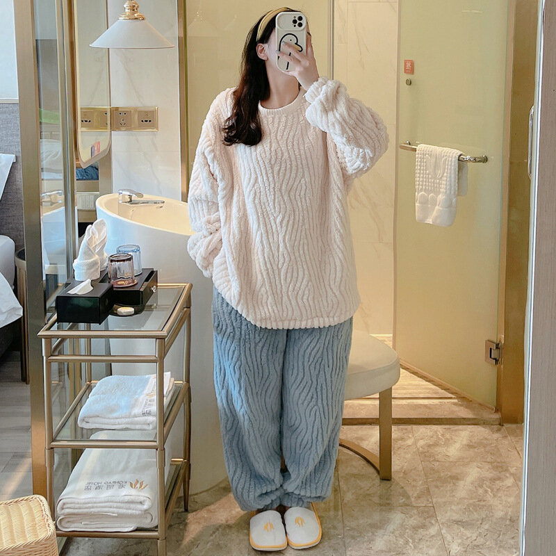 Зимние толстые теплые фланелевые пижамные комплекты 130 кг с длинным рукавом женская одежда для сна из кораллового бархата Женская домашняя одежда