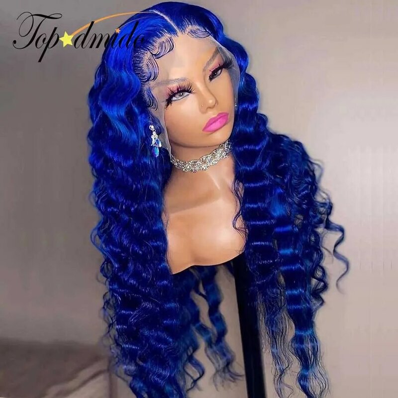 Topodmido Deep Wave 13x4 przezroczyste koronkowe peruki w kolorze niebieskim 13x6 brazylijska peruka z włosami ludzkimi 4x4 peruki zamykające
