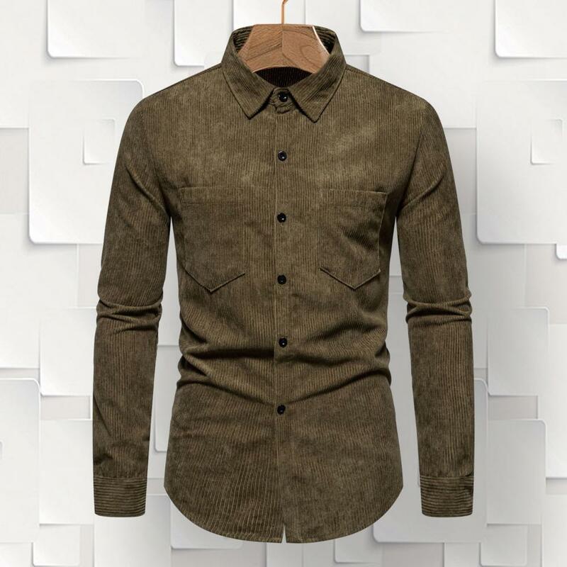 Camisa de pana para hombre, camisa Retro de pana, manga larga, solapa informal con bolsillo, vestido ajustado de Color sólido para primavera