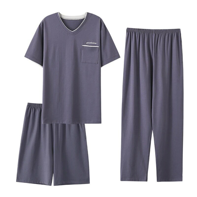 Conjunto de pijamas modais masculinos, pijamas macios, tops curtos para dormir, shorts e calças compridas, pijama de verão, jardas grandes, L a 4XL, 3 peças