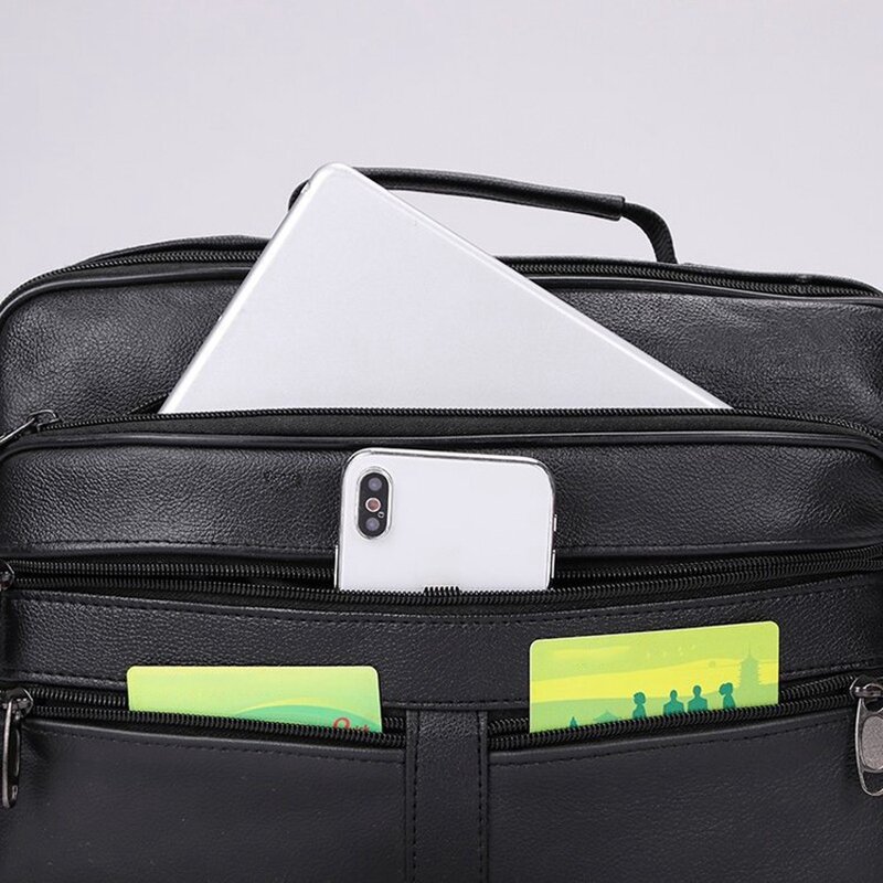 NEW-Men Genuine Leather Bags Messenger Bag Men Shoulder Bag Crossbody Bags Black Retro Multifunction Handbags