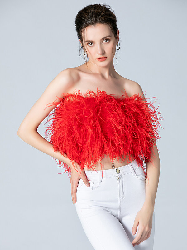 Summer Sexy Furry Top Woman Ostrich Feather Vest Fur Coat Female Natural Feather Pink Backless Tops 2022 Ladies Party Tube Tops