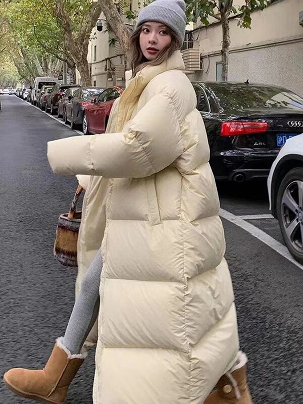 여성용 두껍고 따뜻한 롱 다운 재킷, 루즈 스탠드 칼라 스카프, 퍼퍼 재킷, 2024 캐주얼 화이트 덕 다운 코트, 여성 파카, 겨울