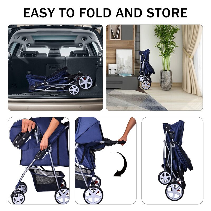 Blue Folding Portable Pet Stroller, 4 Wheel Dog Cat Stroller with Detachable Carrier