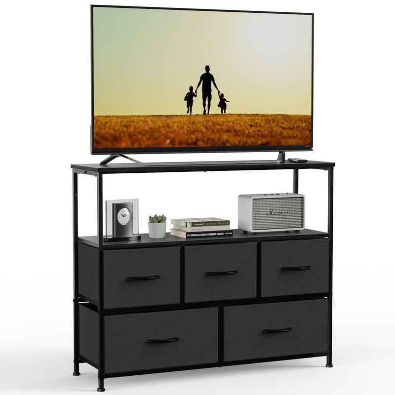 # Dresser stojak na TV, centrum rozrywki z 5 szufladami z tkaniny, stół konsolowy multimedialny do telewizora z otwartą półka do przechowywania kredensem dla Be