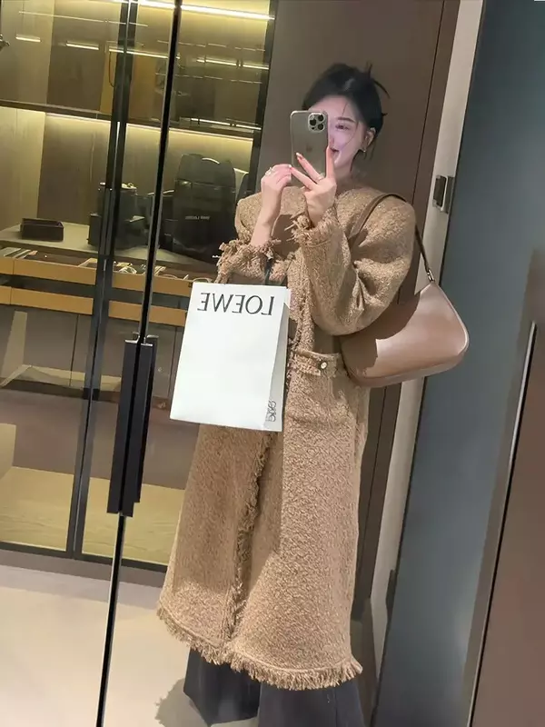 Pequeno estilo coreano longo trench coat para as mulheres, elegante e versátil, com único breasted