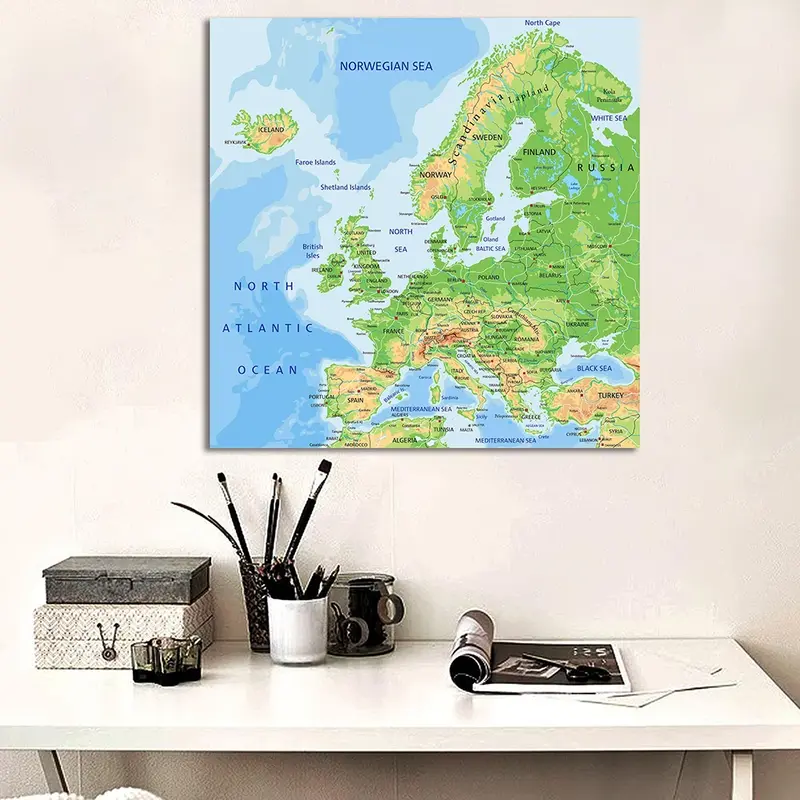 Pintura en lienzo no tejida con mapa del terreno de Europa, póster de pared grande, suministros escolares para decoración del hogar y el aula, 150x150cm