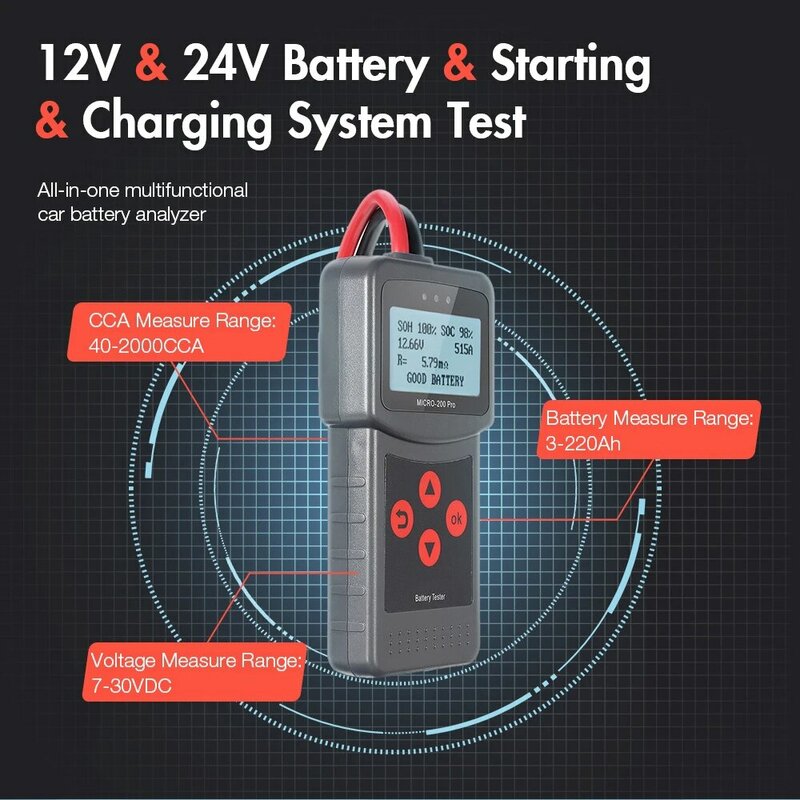 Testeur de batterie de voiture Micro200Pro pour garage, atelier, outils automatiques, testeur de capacité de batterie mécanique, accessoires de voiture, universel, 12V