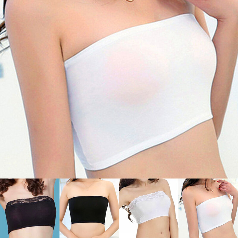 Women Stretch Bandeau Bra Strapless Solid Breathable Crop Tank Tops Camisole Bras Lace Border Seamless Skin-Friendly Tube Tops
