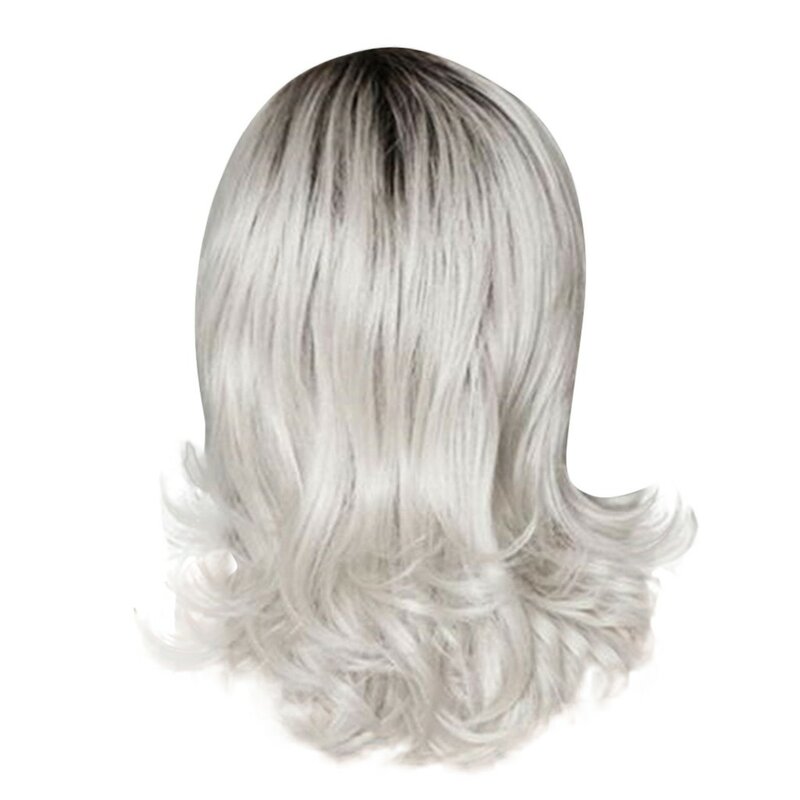 Abu-abu nenek bagian sisi rambut palsu sedang panjang ikal sedikit dilapisi kepala penuh sintetis untuk pesta harian wanita putih menggunakan Wig