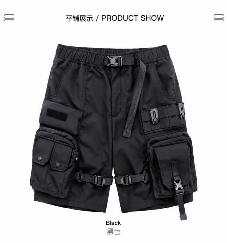 Celana pendek hip hop pria, pakaian jalanan taktis militer, saku dan kancing, gaya Harajuku, Musim Panas 2024