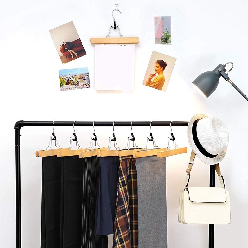 1 Set of 10 Trouser Clamp Hanger Solid Wood Anti-Slip Felt Hook Pant Skirt Hangers Natural