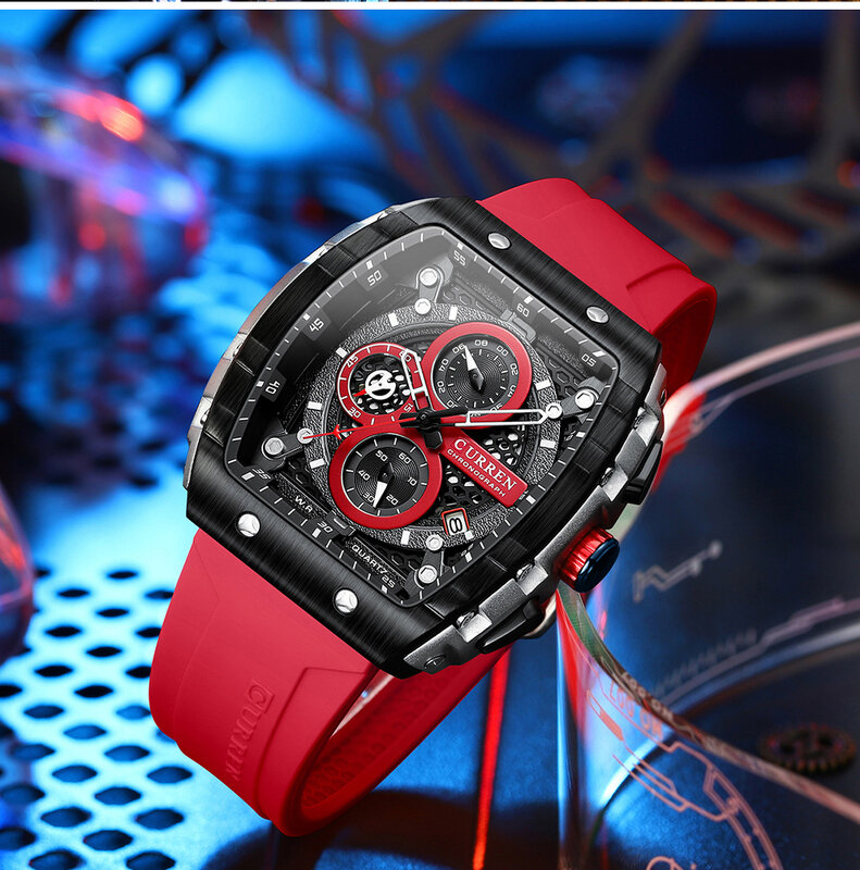 Curren Mode Sport uhren mit großem Zifferblatt einzigartige rechteckige hohle Design Quarz Armbanduhren mit Chronograph Auto Datum 8442