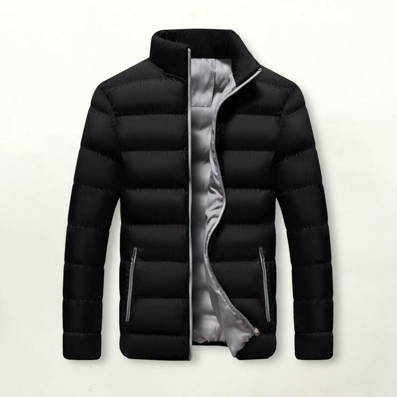 Jaqueta de algodão de manga comprida quente masculina, gola alta, bolso com zíper, casaco casual solto, outwear masculino, cor de contraste, outono, inverno