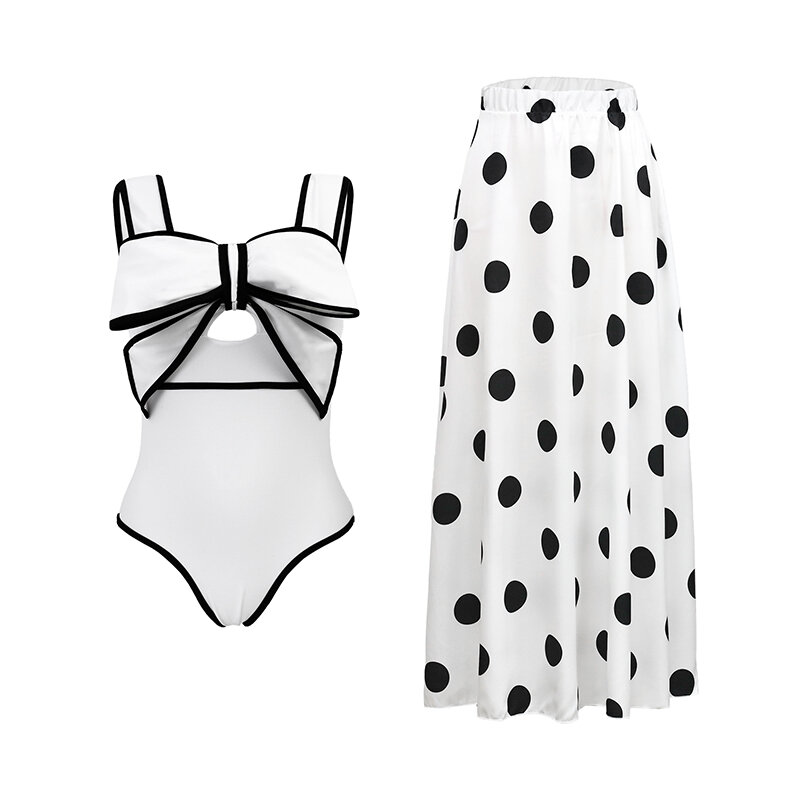 MUOLUX Bikini Set Black And White Colorblocked One Piece Swimsuit Women Swimwear Slim Fit Open-back Bow Design Bikini Dot Skirt
