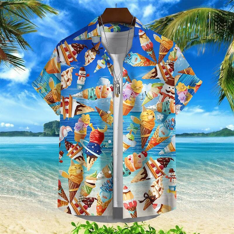 Hawaiian Shirt Ice Cream Printed Shirts For Men Spanish Short Sleeved Top Summer Streetwear Trendy Beach Party Social Clothing