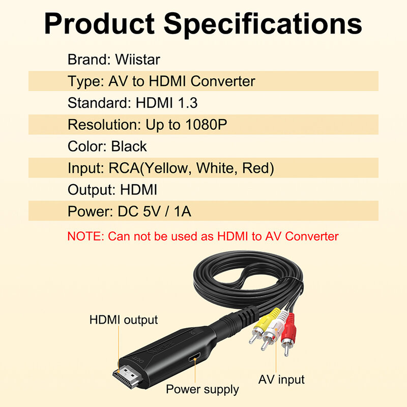 Adaptador de vídeo RCA AV a HDMI, convertidor RCA AV CVBS L/R a HDMI, 1080P, AV2HD, Cable de 70cm/1M de longitud