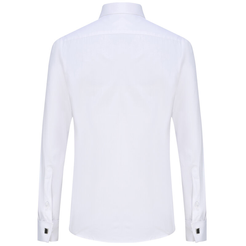 남성용 클래식 프렌치 커프스 솔리드 원피스 셔츠, 플라이 프론트 플래킷, 포멀 비즈니스 스탠다드 핏, 긴팔 사무용 흰색 셔츠