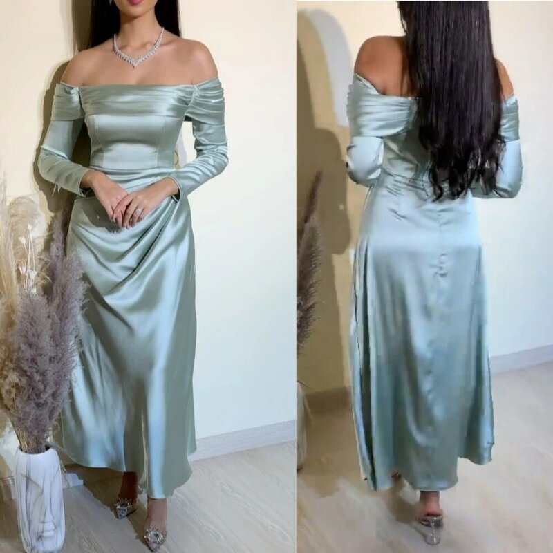 Атласное плиссированное платье Jiayigong для домашнего выпускного, ТРАПЕЦИЕВИДНОЕ ПЛАТЬЕ с открытыми плечами на заказ, платья-миди для Саудовской Аравии