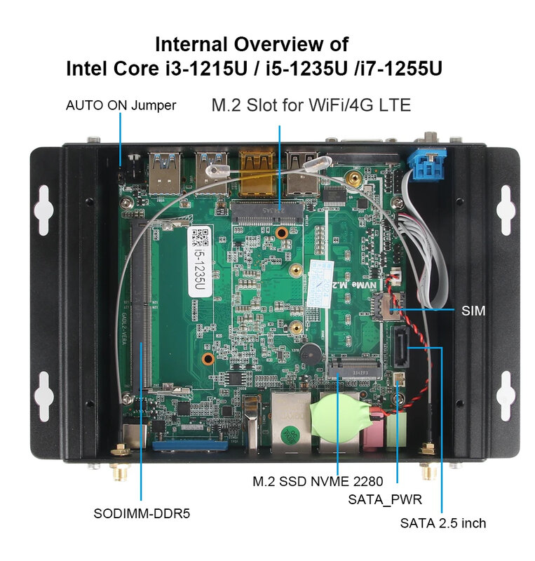 XCY-Mini PC Industrial Fanless, IOT, Intel Core i7-1255U, 2x COM, RS232, 2x LAN, 8x USB, WiFi, SIM, 4G, LTE, Windows 10, 11, Linux, PXE LÃ