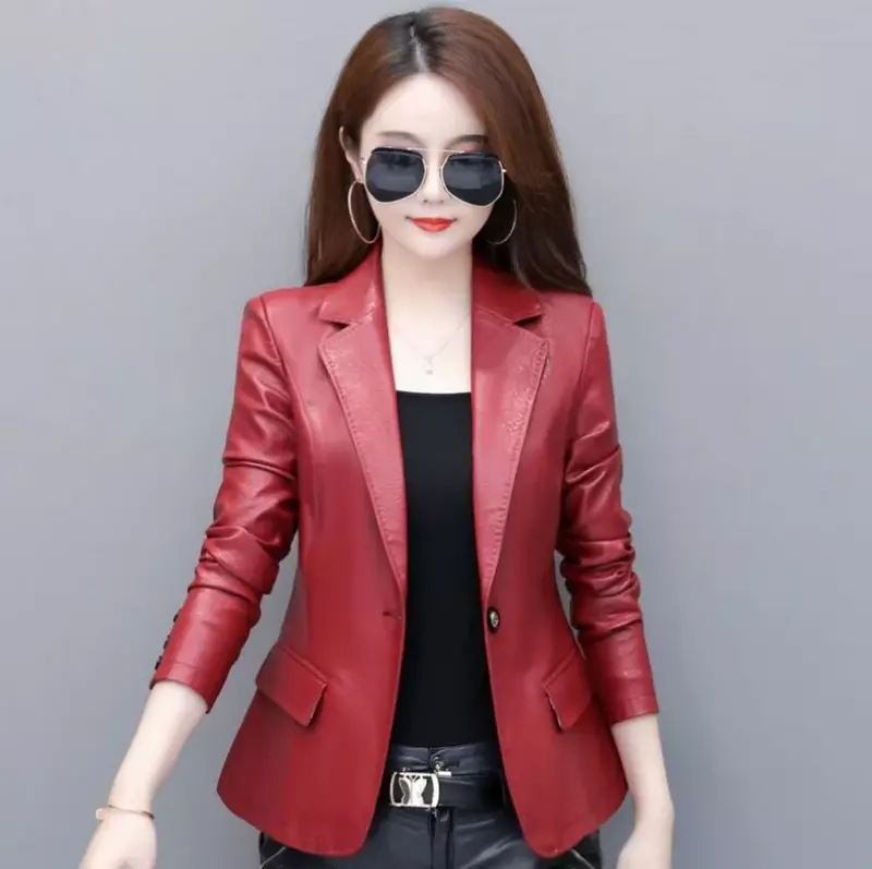 Blouson printemps en cuir véritable femme, décontracté et slim, à la mode coréenne, en peau de mouton, noir et rouge