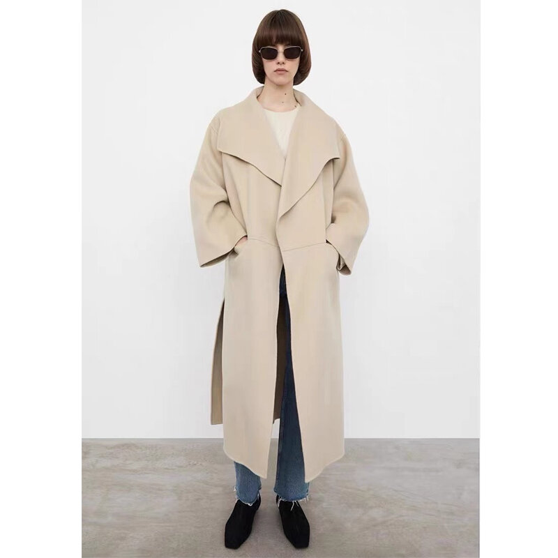 Женское длинное кашемировое пальто T0T, свободное двустороннее шерстяное кашемировое пальто с откидным воротником и Боковым Разрезом, Y2k