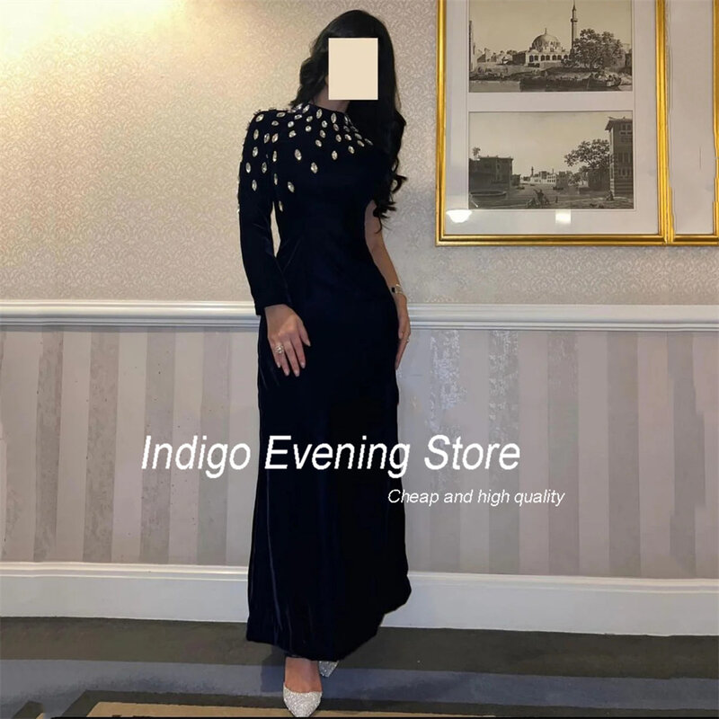 Indigo Prom Dresses 2024  Mermaid Long Sleeve High Collar Ankle-Length Beading Satin Elegant Evening Gowns For Women فساتين الس