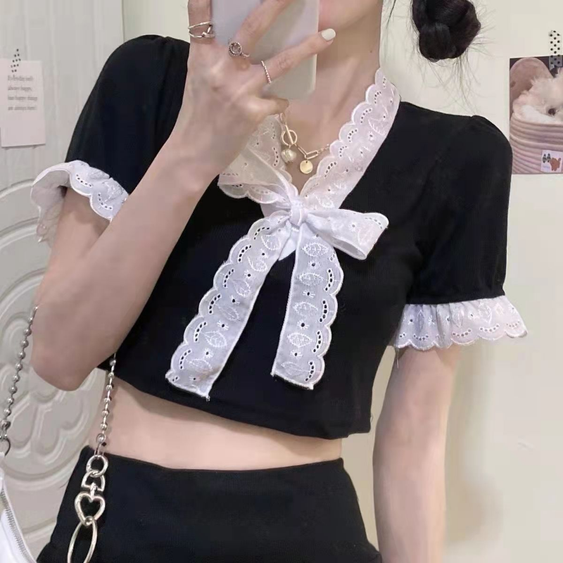 Sets Women Sweet Bow Crop Tops T-shirts Ball Gown Mini Skirts Aesthetic Lace Patchwork Streetwear Fashion Party Students Summer