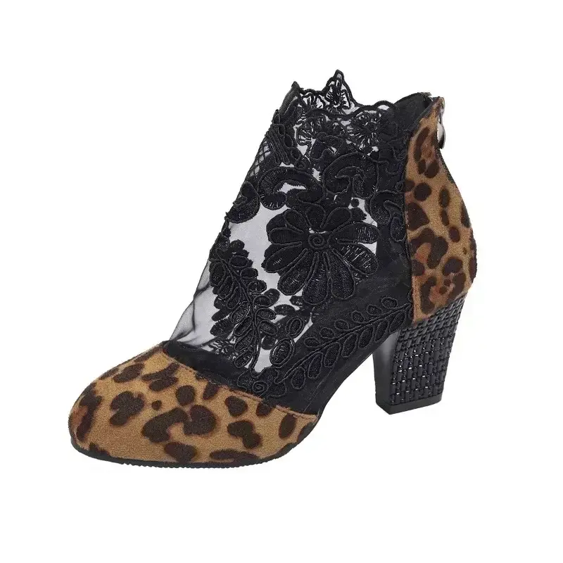 Zapatos de tacón alto con punta redonda para mujer, sandalias con estampado de leopardo, botines de encaje Floral con cremallera trasera, novedad de 2024