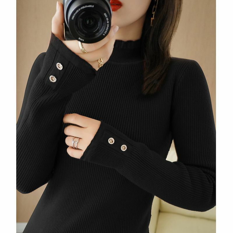 Half Turtleneck Sweater Women Fashion 2023 Spring Autumn Stretch Basic Tops  Long Sleeve Slim Pullovers  T157