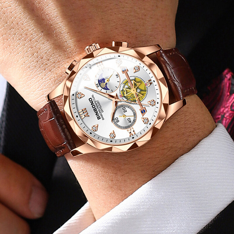 BINBOND jam tangan pria bisnis multifungsi, jam tangan kuarsa tren modis kasual tahan air bercahaya untuk pria