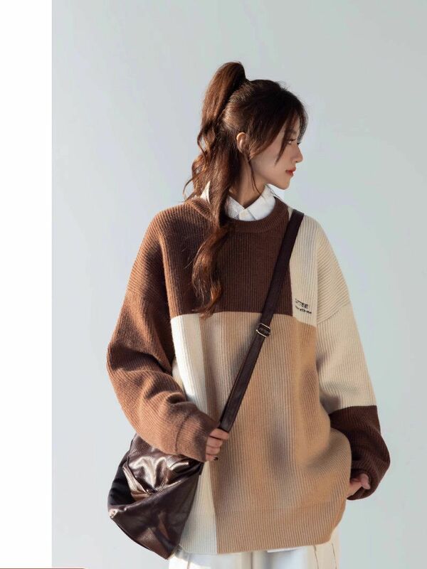 女性のヴィンテージニットセーター,韓国のファッション,カジュアルなニットウェア,原宿,冬