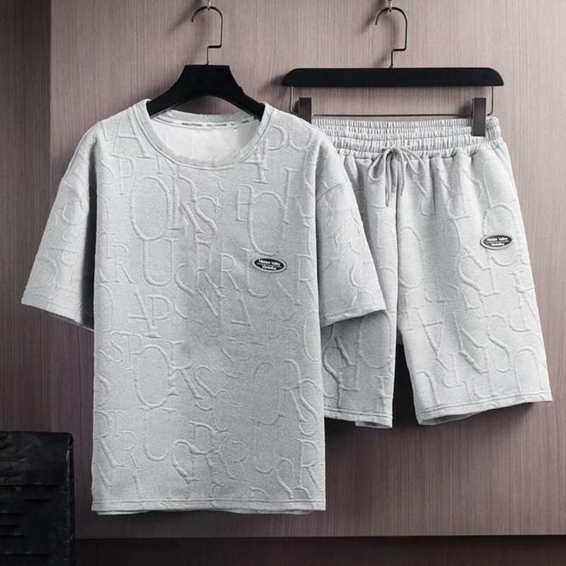 2 sztuk/zestaw eleganckie męskie t-shirt szorty garnitur oddychający dwuczęściowy sznurek wycięcie pod szyją rozciągliwa talia dres męski