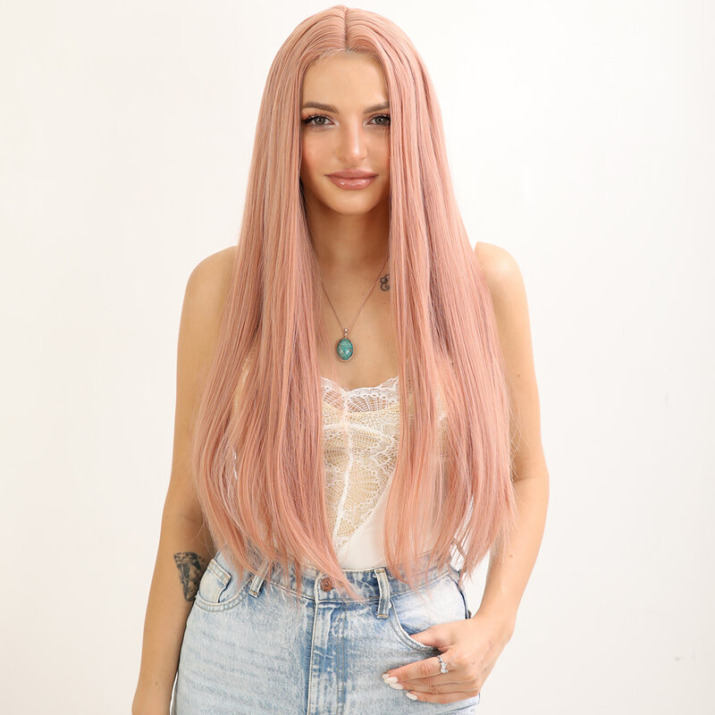 Smilco evidenziare parrucche diritte anteriori in pizzo sintetico rosa per le donne parrucca prepizzicata anteriore in pizzo invisibile capelli resistenti al calore quotidiani