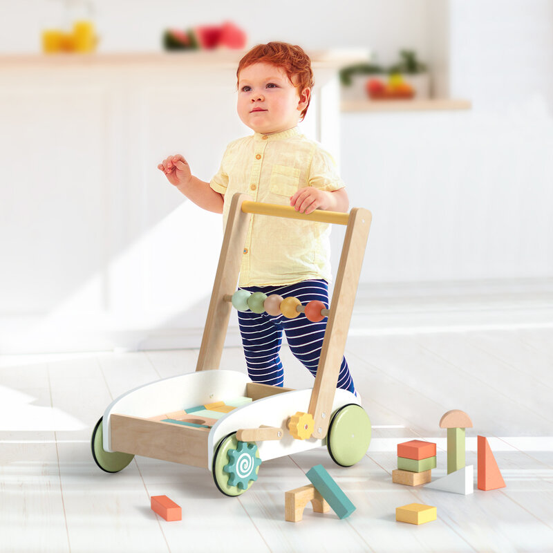Andador de madera para bebé con bloques de construcción, juguetes de empuje para bebés, aprender a caminar