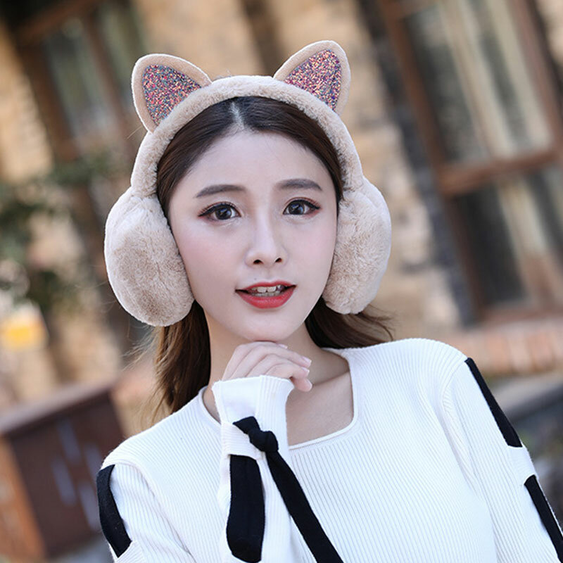 따뜻한 스팽글 귀마개, 여자 고양이 토끼 여우 동물 귀 따뜻한 겨울 야외 사이클링 푹신한 귀이개 머리띠, 1 PC