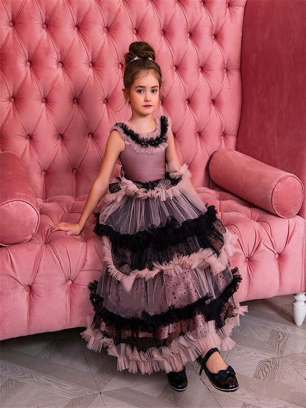 Pierwsza komunia sukienki wspaniałe tiulowe koronki bez rękawów warstwowe dziewczęca sukienka w kwiaty Princess Ball Kids niespodzianka prezent urodzinowy