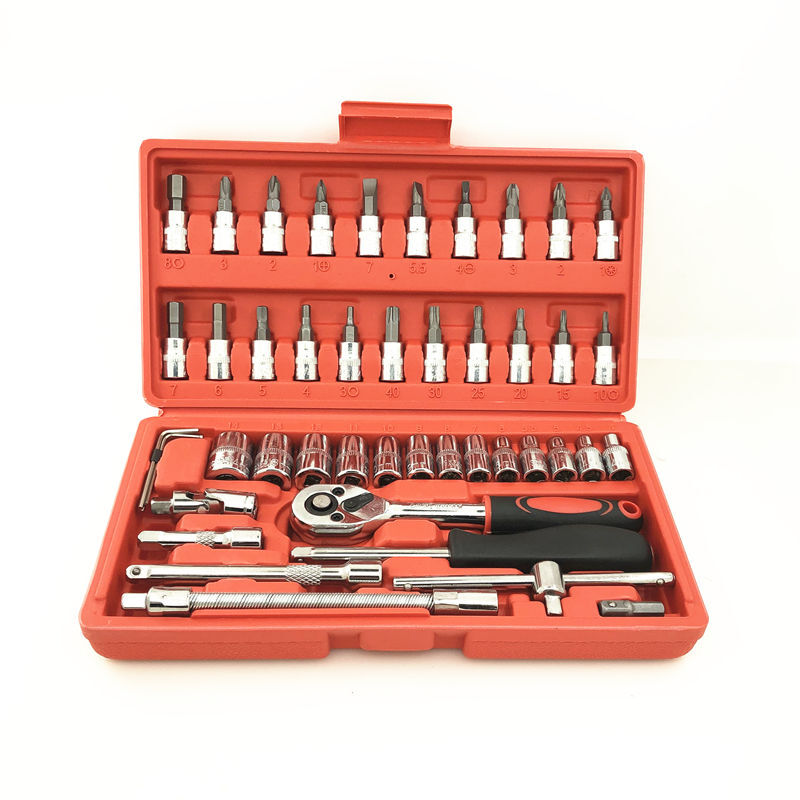 46Pcs Socket Kit 1/4 ''Inch Wrench Ratel Schroevendraaier Set Auto Repair Tool Hand Tool Kit Voertuig Repareren Gereedschap doos