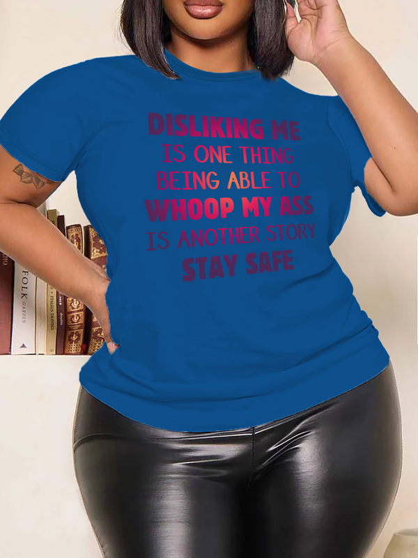 Mulheres gola redonda mangas curtas impresso t-shirt, roupas casuais de verão, tops de escrita alfabética, plus size