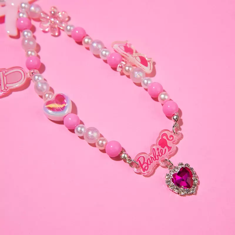 MINISO Barbie Series Mobile Phone Chain Heart Flash Diamond Decorative Pink Pendant Anime Peripheral Fashion Birthday Gift