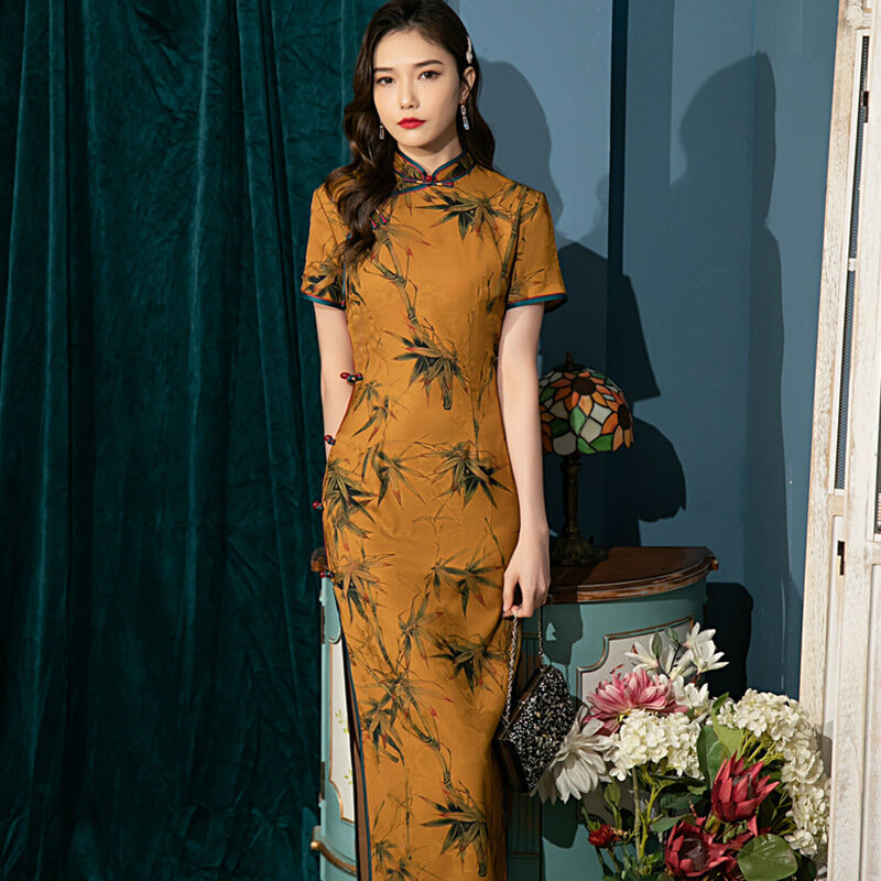 ฤดูร้อน2022ใหม่ผู้หญิงสั้นแขนยาว Qipao Lady พิมพ์ Vintage ปุ่มชุดปาร์ตี้หญิงจีน Cheongsam แบบดั้งเดิม