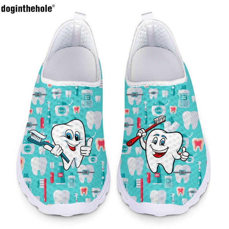 Sepatu wanita motif gigi kartun, sepatu loafer musim panas, sepatu dokter gigi, sneaker Slip On kasual untuk anak perempuan