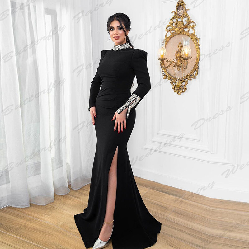 Luxury Mermaid Evening Dresses Beautiful Sparkling Beading Sexy Long Sleeve High Split Formal High Collar Slimming Prom Gowns