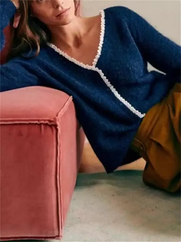 Frauen gestrickt Pullover einreihig einfach schlank Frühherbst Vintage V-Ausschnitt Pullover